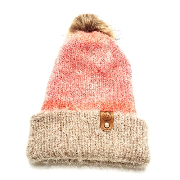 Sweet Dreams Knitting Women's Winter Beanie Hat Pink and Tan With Pom - Picture 1 of 3